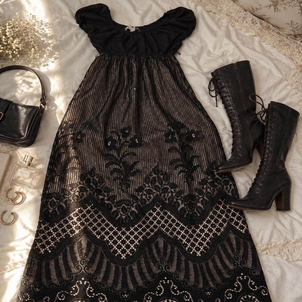 70s Black Lace Maxi dress  70s Young Edwardian size 11 black lace maxi dress